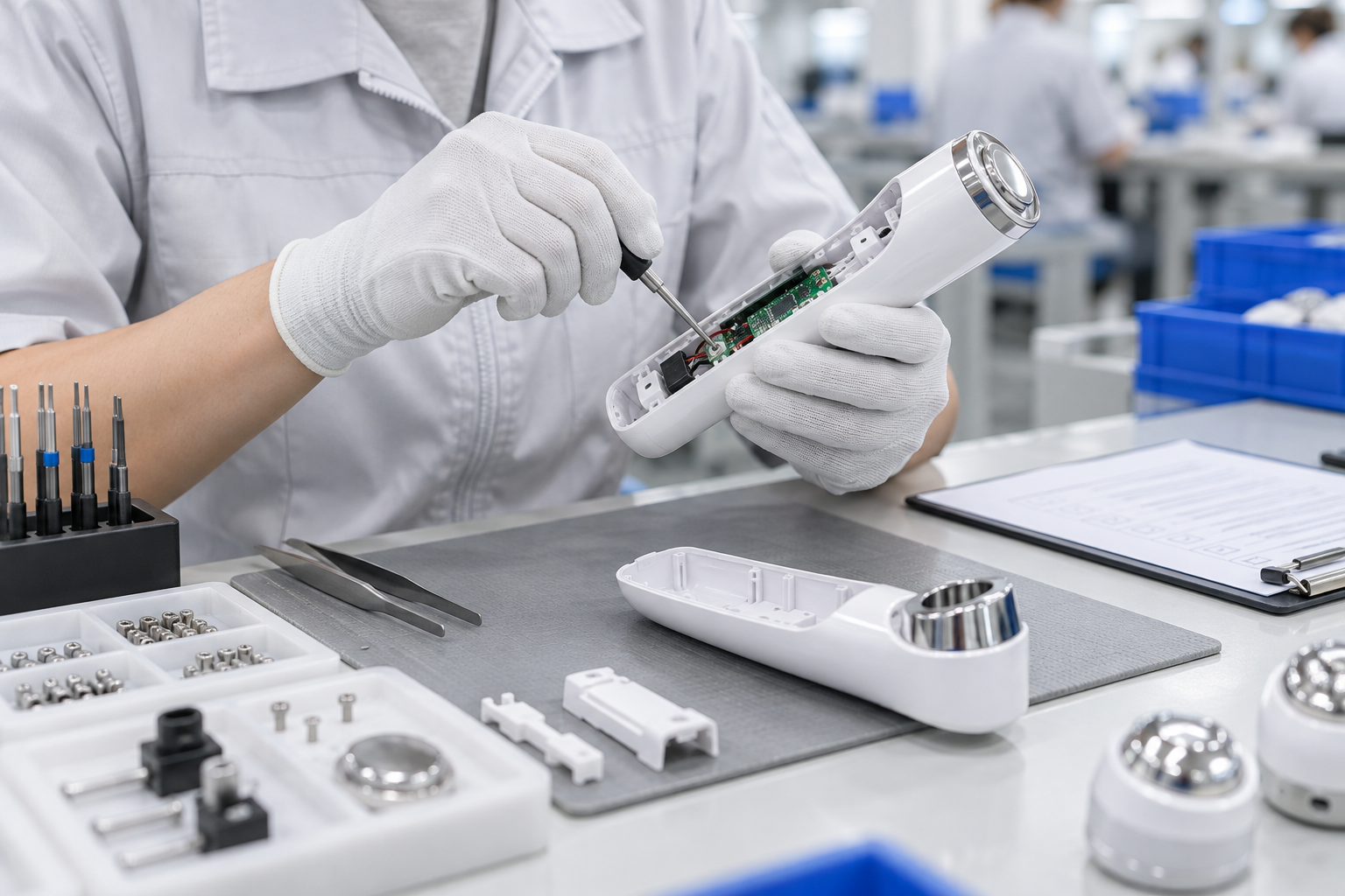 Technician assembling a beauty equipment device