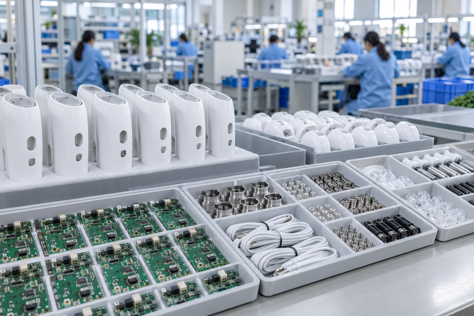 Electronic and mechanical components prepared for production