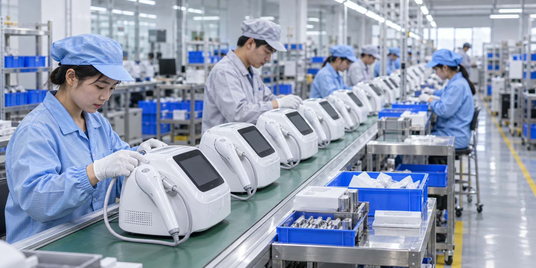 Beauty equipment moving through a repeatable production line