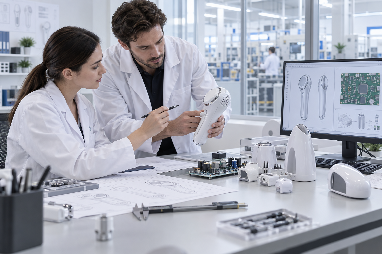 Engineers developing a beauty equipment prototype