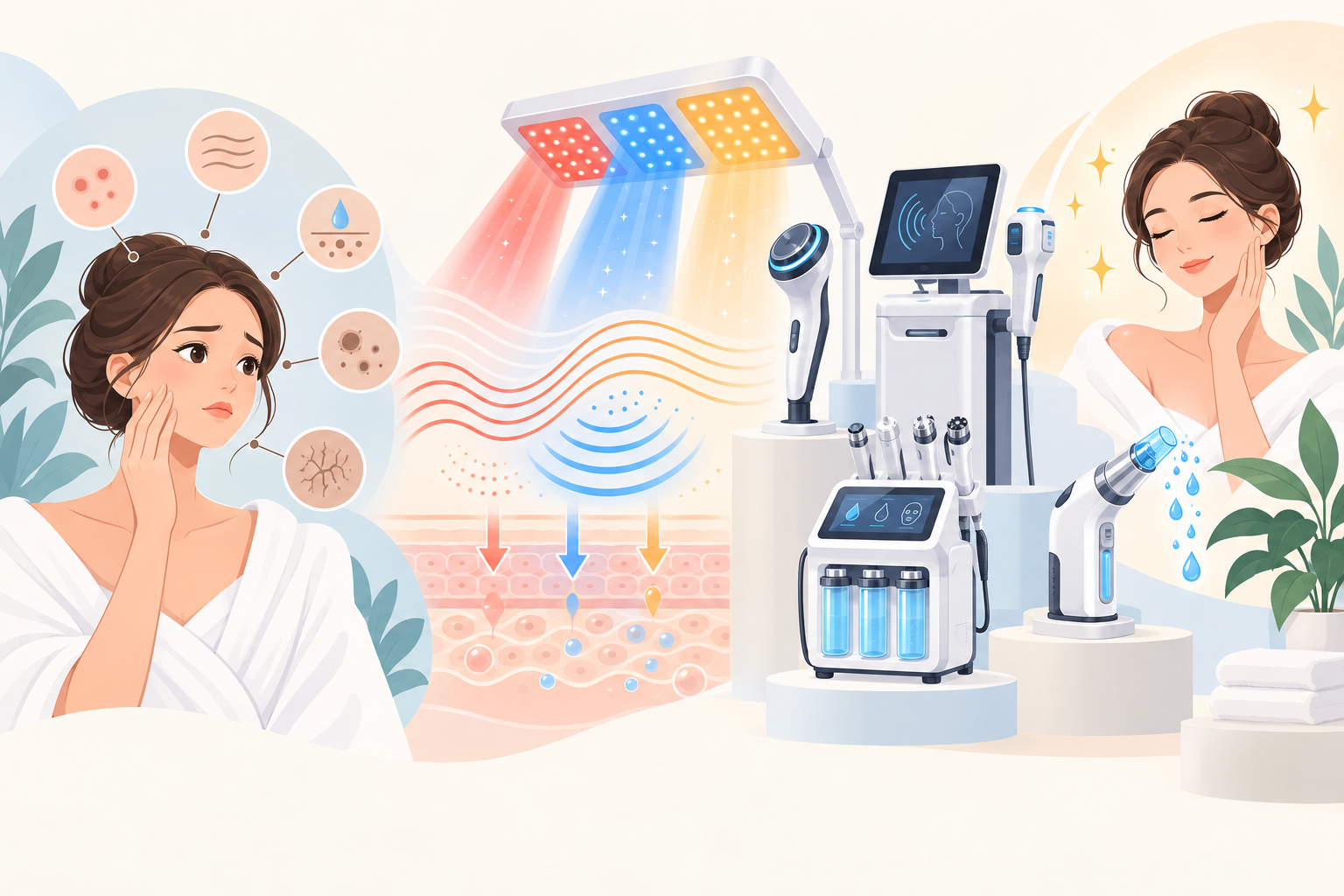 Cartoon illustration showing beauty-care needs, technology and equipment solutions